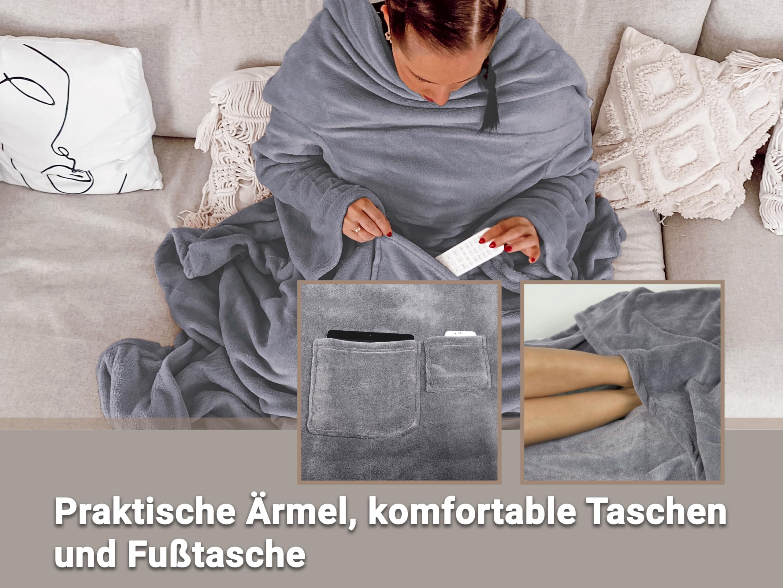 ZOLLNER Kuscheldecke mit Ärmeln - super kuschelige und warme Sofadecke - Taupe - in 170x200 cm - mit Taschen - waschbar bis 95°C - Hotelqualität - Oeko Tex® Zertifiziert