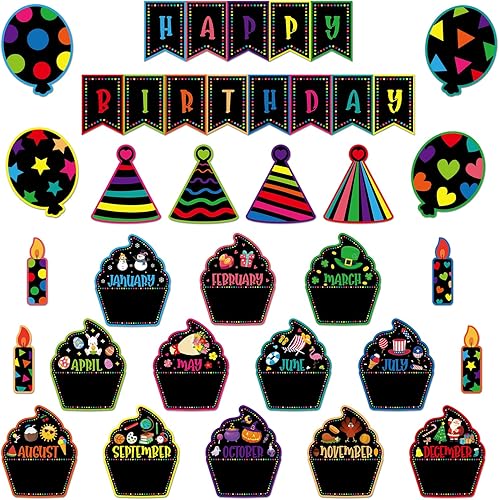 PETCEE Juego de 27 tablones de anuncios de feliz cumpleaños para aula, decoración de tablón de anuncios de pared de confeti, recortes de cupcakes,
