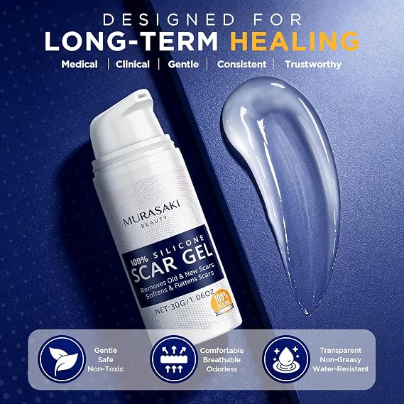 100% Silicone Scar Gel Scars Cream - Advanced Scar Gel for Surgical Scars, C-Section, Stretch Marks, Acne, Injury, Burns, Keloids, Old and New Scars 1.06oz(30g) (Maximum Strength 100% Silicone)