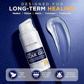 100% Silicone Scar Gel Scars Cream - Advanced Scar Gel for Surgical Scars, C-Section, Stretch Marks, Acne, Injury, Burns, Keloids, Old and New Scars 1.06oz(30g) (Maximum Strength 100% Silicone)