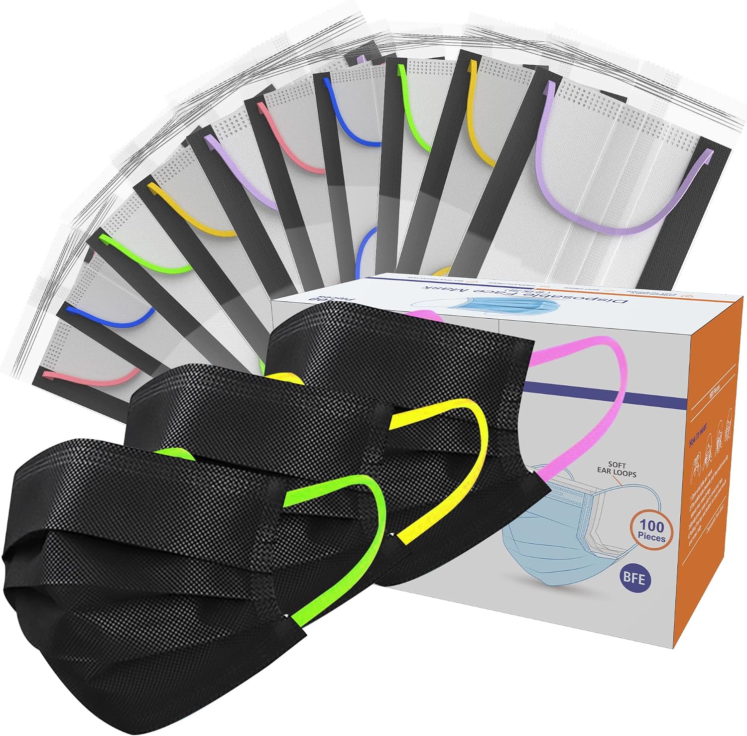Sheal Individually Packaged 100PCS Black Disposable Face Masks For Adult 3-Layer with Colorful Elastic Earloops