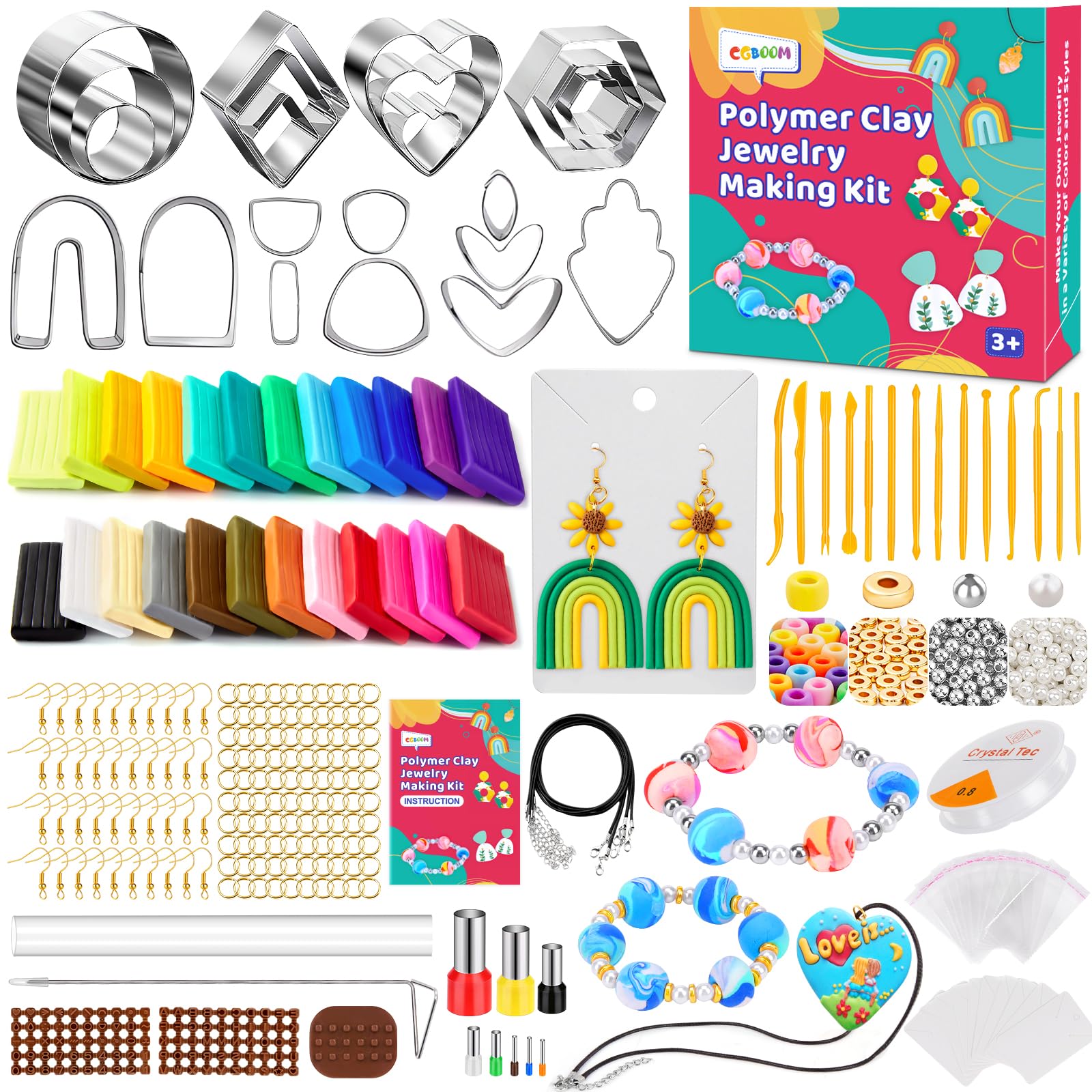 3 in 1 Polymer Clay Jewelry Making Kits, CGBOOM Clay Earring and Bracelet Making Kit, 527Pcs Jewelry Making Tools for Adults and Kids (Include Cutters,Sculpting Tools,Stamps) Gift for Teens and Adults