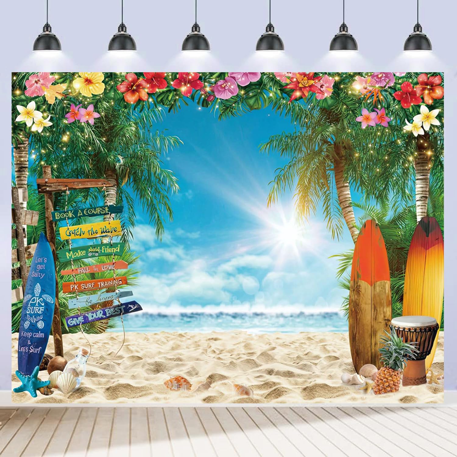Hawaiian Beach Backdrop 10x8ft Summer Ocean Tropical Palm Leaves Surfboard Sea Seaside Photography Background Luau Aloha Hawaii Party Banner