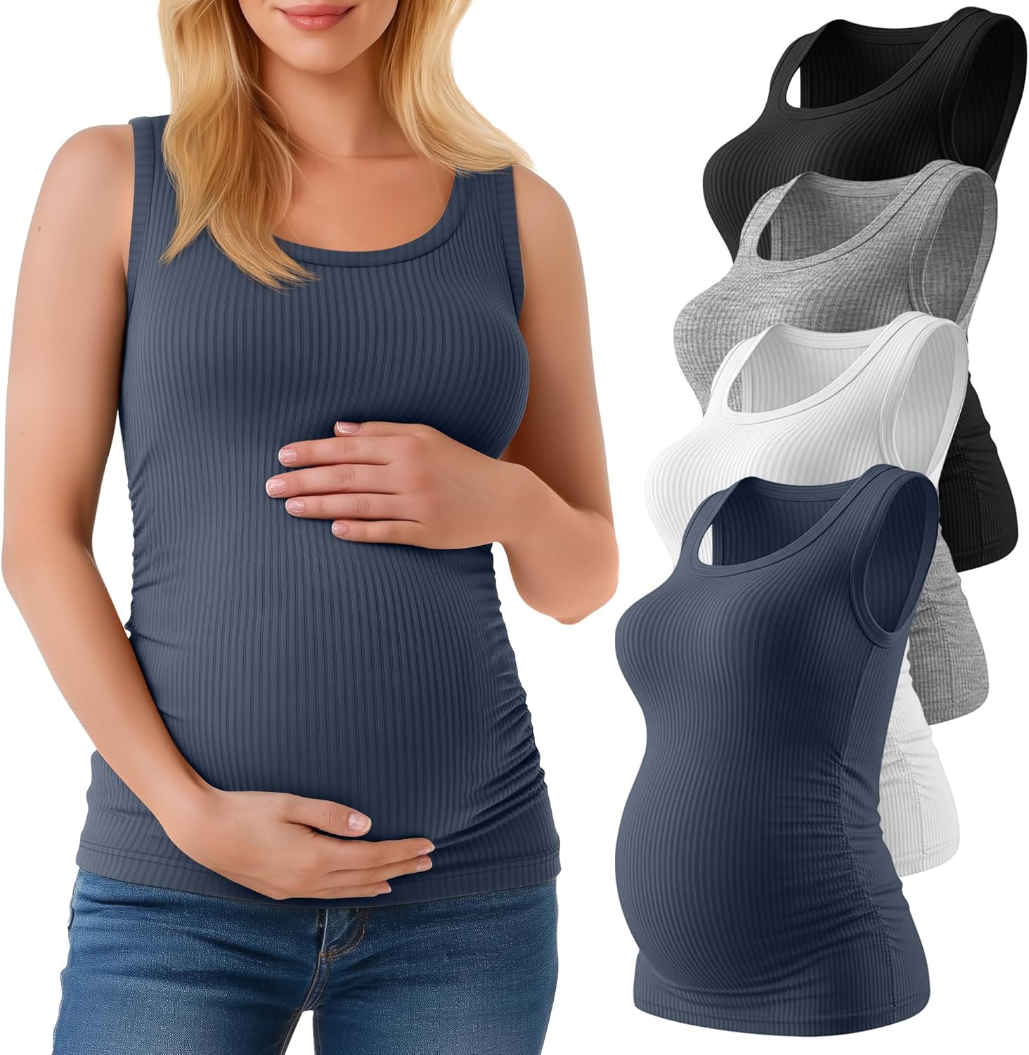Ficerd 4 Pack Women's Maternity Tank Tops, Side Ruch Sleeveless Cotton Pregnancy Shirts Casual Ribbed Basic Maternity Clothes