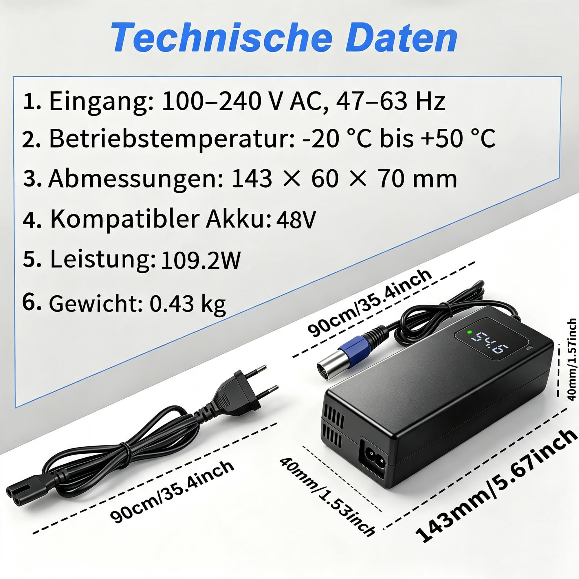 Chargeur 54,6 V 2 A pour scooter électrique, compatible avec batteries au lithium 48 V | XLR 3 broches, indicateur de tension LED, ventilateur, fonctions de protection, convient également pour les vélos électriques