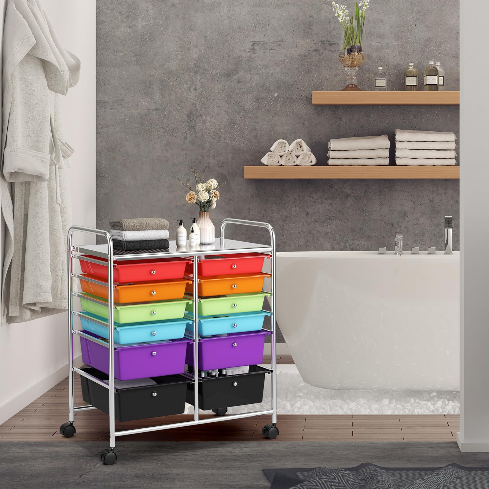 COSTWAY Chariot à roulettes avec 12 tiroirs empilables, chariot de rangement pour bureau, salon (multicolore)