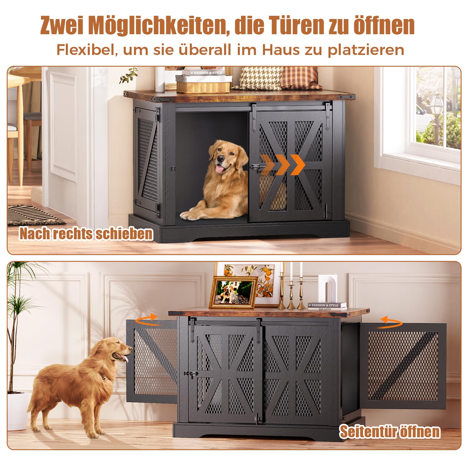 Hundekäfig Möbel, 100 cm Holzhundebox, Dreitüriger Hundekäfig, Schiebetüren, Modernes Hundezimmer für den Innenbereich, für Kleine und Mittelgroße Hunde, Verstärkte Konstruktion, 100x65x67cm, Schwarz