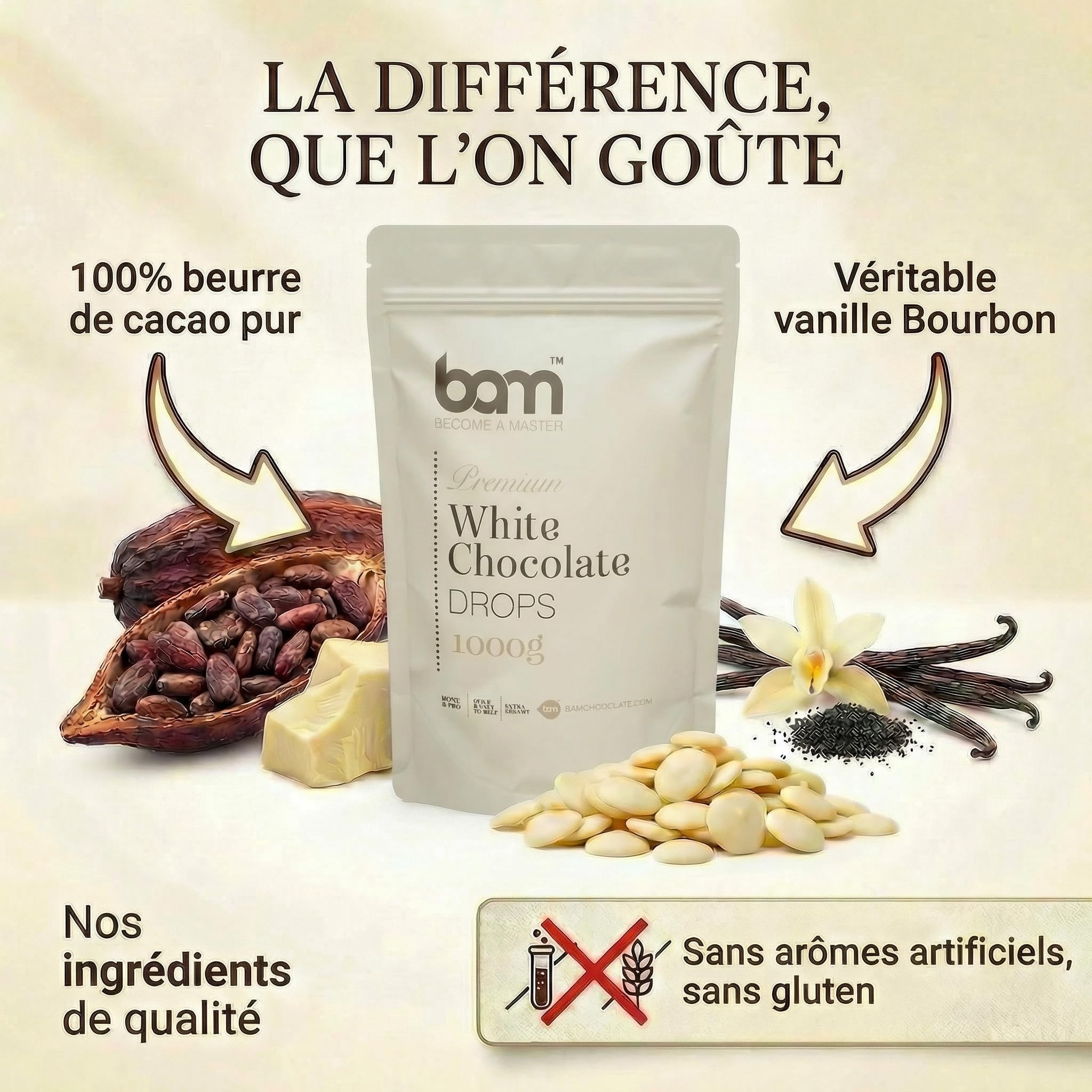 BAM Pépites de Chocolat Blanc – Chocolat Pâtissier pour Desserts, Ganaches, Crèmes et Fruits – Chocolat de Couverture de Qualité – 1kg
