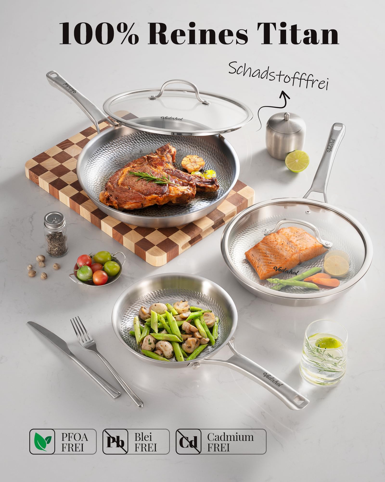 SNOWCLAD Titan Pfanne 30cm mit Deckel, Titan Pfanne Unbeschichtet, Bratpfanne für Induktion, PFOA/PFAS/PTFE frei, Spülmaschinen& Ofenfest
