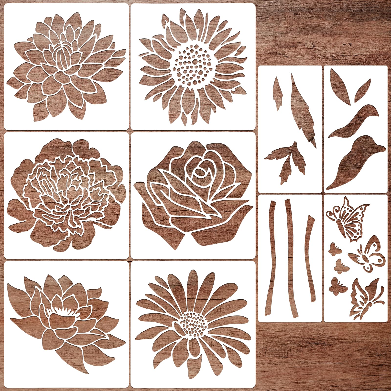 8 Stencil Per Pittura Riutilizzabili, 28,1x18,1 Cm, Kit Con Motivi Di Fiori E Ragnatele, Per Legno E Tela, In PET