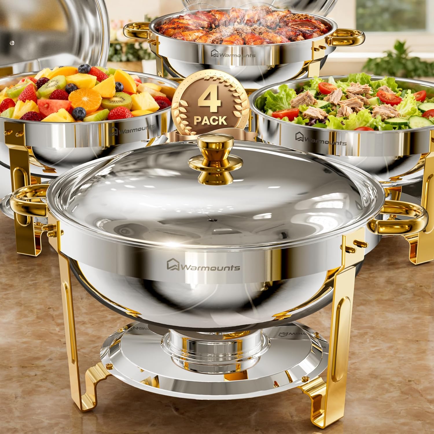 WARMOUNTS Round Chafing Dishes for Buffet (5QT, 4 Pack), Gold Stainless Steel Chafers and Buffet Warmers Sets with Lid Holder, Rolled Rim Process, Stackable Design, for Catering, Parties, Weddings