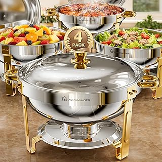 WARMOUNTS Round Chafing Dishes for Buffet (5QT, 4 Pack), Gold Stainless Steel Chafers and Buffet Warmers Sets with Lid Holder, Rolled Rim Process, Stackable Design, for Catering, Parties, Weddings
