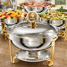 WARMOUNTS Round Chafing Dishes for Buffet (5QT, 4 Pack), Gold Stainless Steel Chafers and Buffet Warmers Sets with Lid Holder, Rolled Rim Process, Stackable Design, for Catering, Parties, Weddings