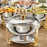 WARMOUNTS Round Chafing Dishes for Buffet (5QT, 4 Pack), Gold Stainless Steel Chafers and Buffet Warmers Sets with Lid Holder, Rolled Rim Process, Stackable Design, for Catering, Parties, Weddings