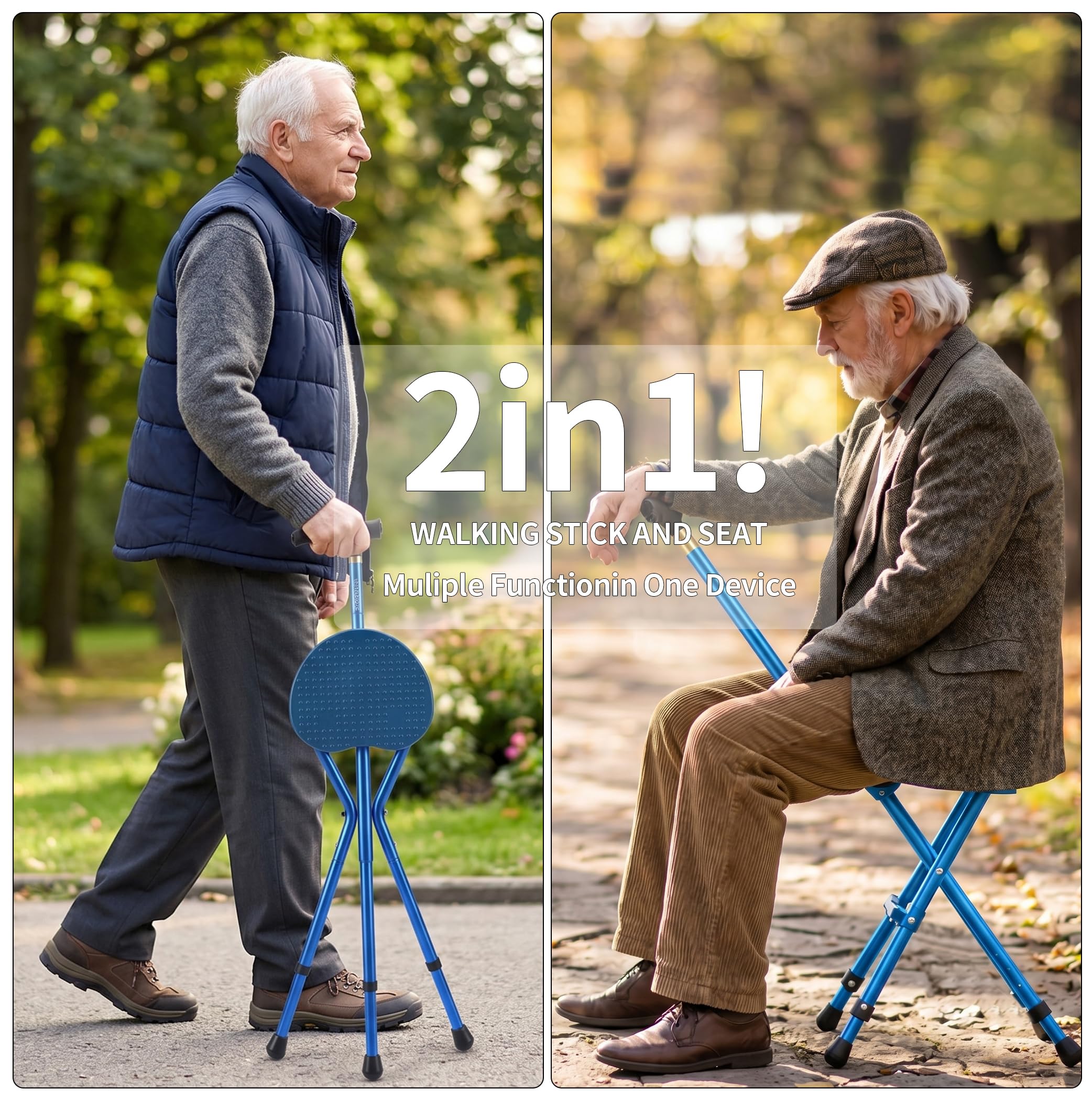 Anti-Slip Walking Cane with Seat Folding Lightweight,Walking Stick Height Adjustment,Portable and Sturdy Cane Chair for Travel Outdoor Use, Queuing, Elderly Women and Men