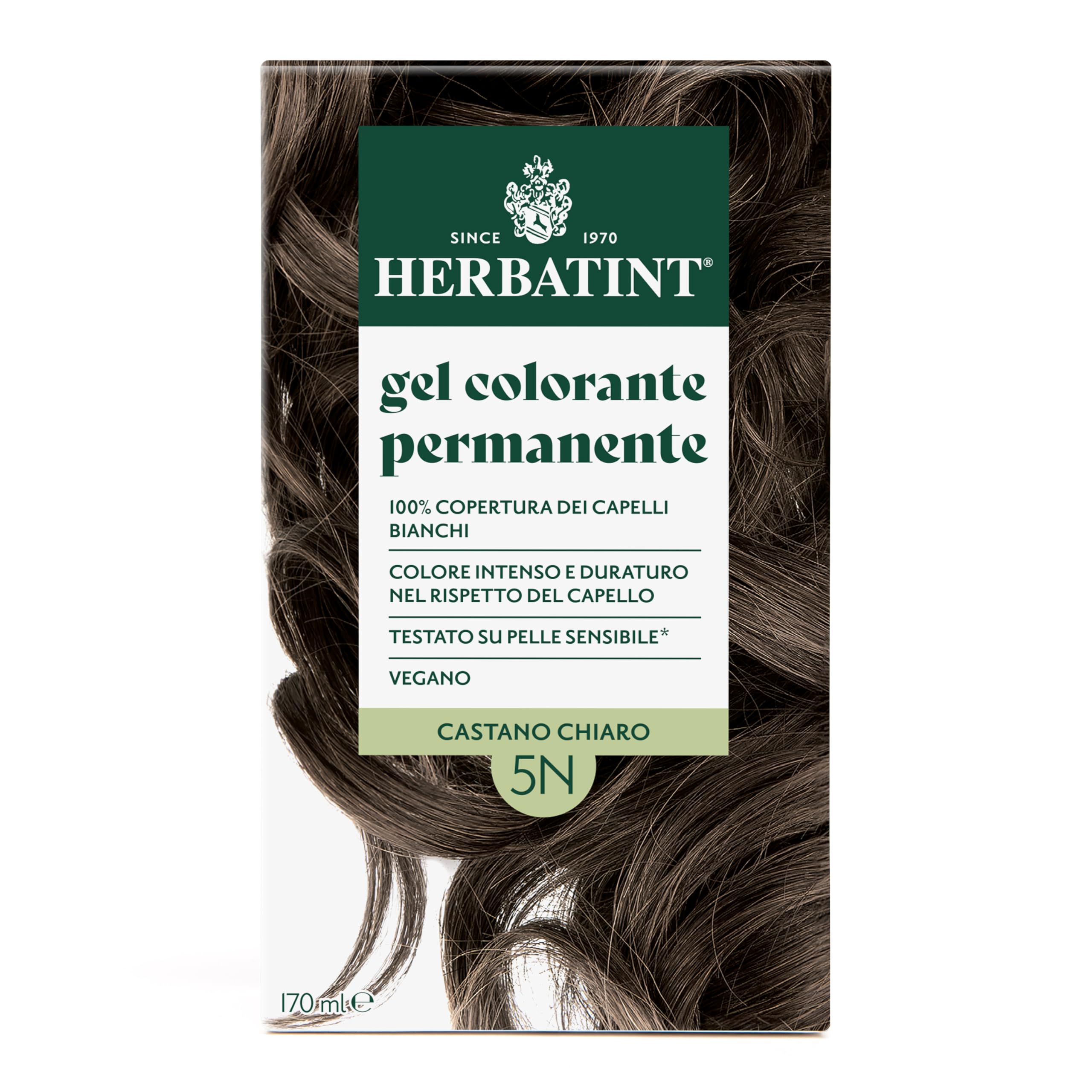 Herbatint Trwały żel do farbowania włosów 5N jasnobrązowy - 170 ml | bez amoniaku, 100% białe włosy | dla wrażliwej skóry, z 8 naturalnymi ekstraktami organicznymi