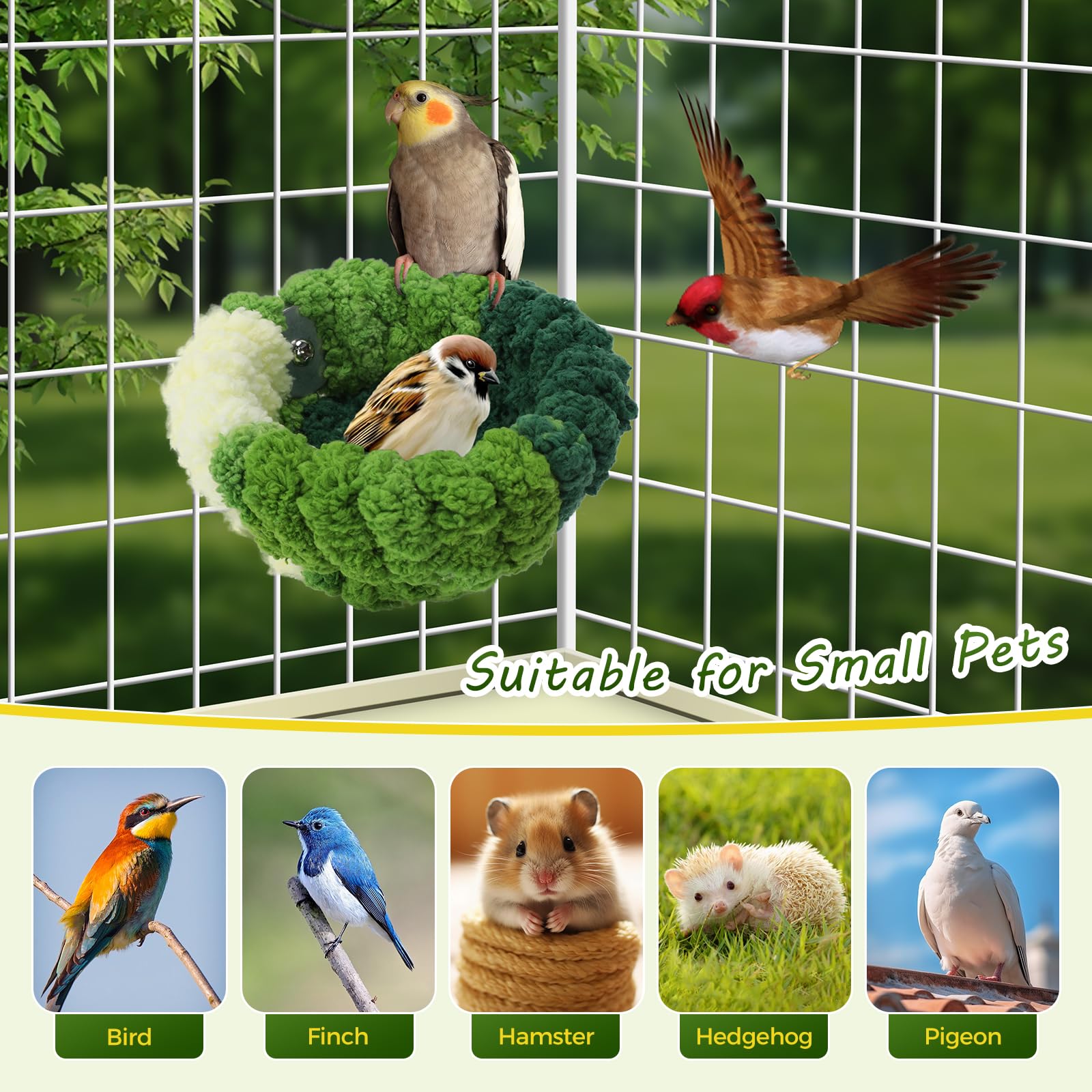 Bird Nest for Cage,Plush Hanging Bird Bed for Parakeet,Breeding Bird House for Conure,Budgie,Cockatiel,Lovebird,Canary,Finch,Hamster,Small Pets,Warm Nest (Green, S)