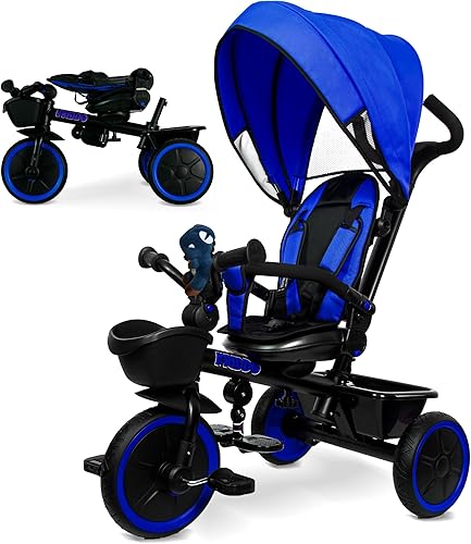 KRIDDO Cochecito de triciclo 7 en 1 para niños pequeños de 18 meses a 5 años, mango de empuje ajustable, asiento giratorio, portavasos y toldo