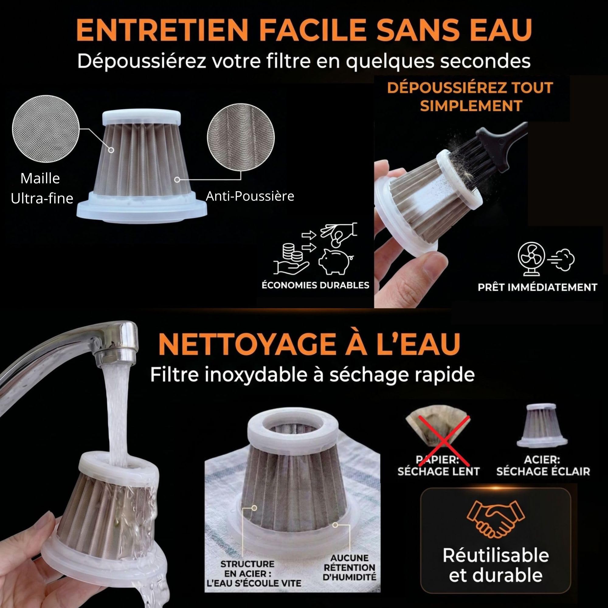 Aspirateur à Main sans Fil 20000 PA - Aspirateur de Table & Voiture Puissant 4-en-1, Mini Aspirateur 3 Vitesses pour Maison, Bureau, PC, Camping-Car - Ultra Puissant & Léger - Kit Complet