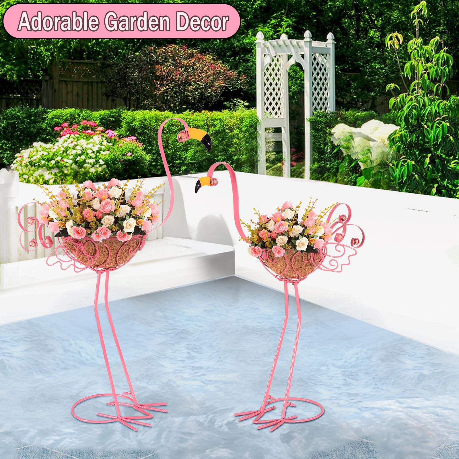 Fioriere in metallo a forma di fenicottero, set di 2 vasi rosa a forma di fenicottero per fiori e piante con cestino per decorazione di interni ed esterni giardino cortile terrazza veranda