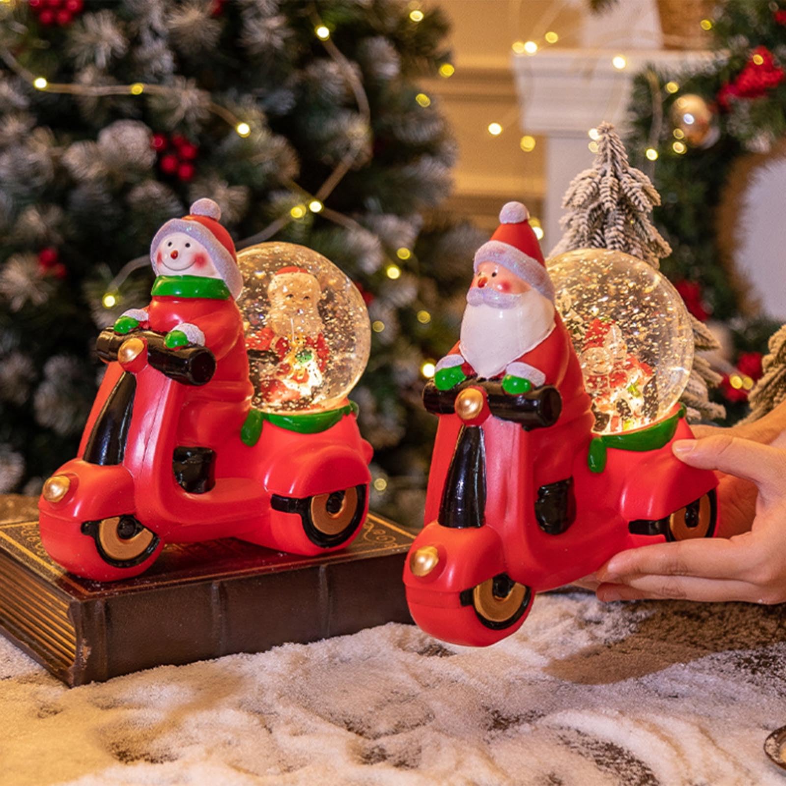 Festliche Motorrad-Weihnachtsmann-Weihnachts-Tischdekoration, Schnee-Effekt und motorisierte Action-Figuren, Motorrad, mit LED-Lichtern und Schnee, Spieluhr, Geschenk