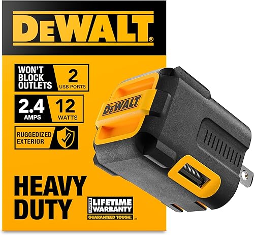 DEWALT Cargador de pared USB de 2 puertos, cargador de lugar de trabajo NeverBlock, adaptador de CA de alimentación dual de 5 V 2.1 A, cubo de
