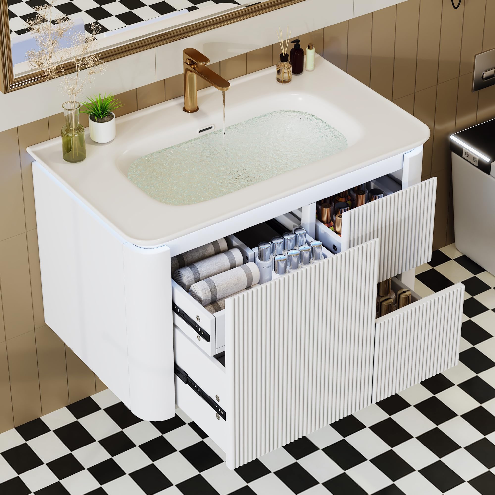 80,5 × 47,5 × 51 cm, mobiletto da bagno a parete sospeso, completamente laccato, struttura verticale, lampada LED con sensore di movimento radar, cassetti silenziosi, lavabo in un unico pezzo