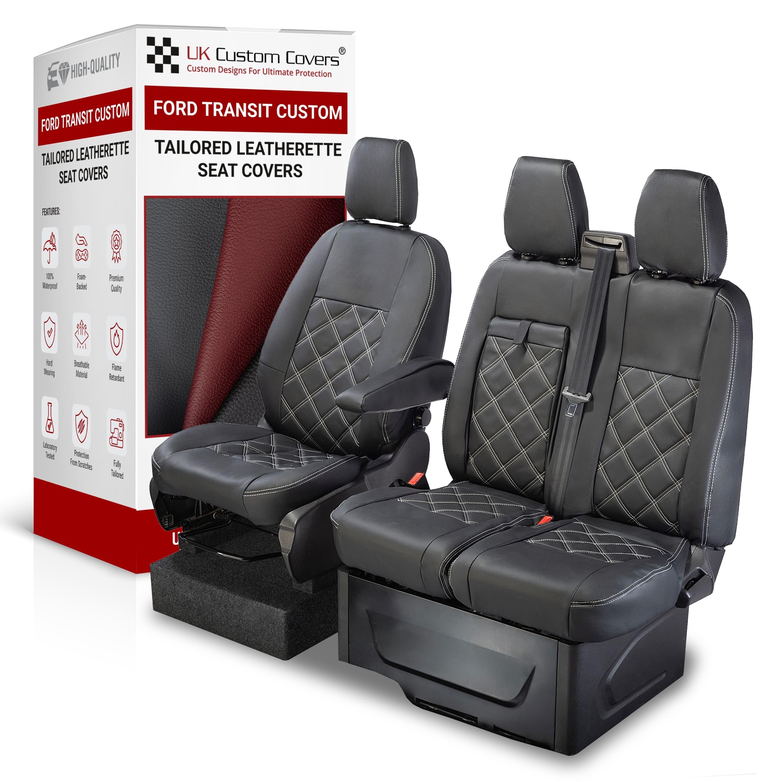 UK Custom Covers Ford Transit Custom Seat Covers – Leather Seat Cover and Heavy Duty Van Seat Covers for 2013-2023 Transit Custom Front Seats (Black)
