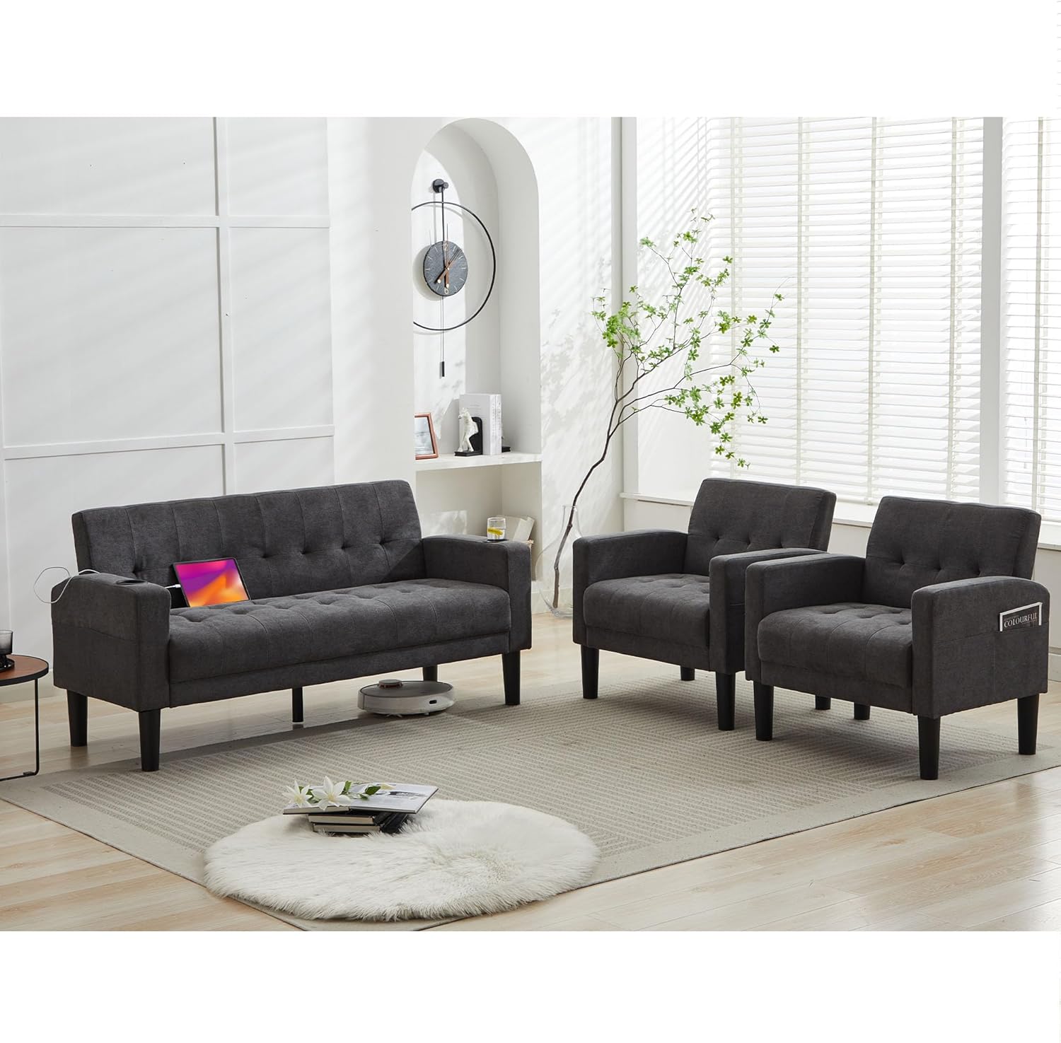 62 Inch Linen Upholstered Tufted Mid- Modern Loveseat Sofa
