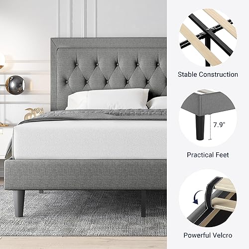 Miniatura 80 de Allewie - Base de cama copetuda, tamaño Matrimonial, con plataforma, tapizado de tela, con botones y cabecera ajustable, soporte con rejilla de Gris