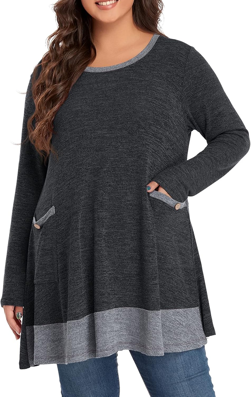 OVERWORETY Long Sleeve Raglan Plus Size Tunic Tops for Women Color Block Knit Pullover Fall Shirts with Pockets