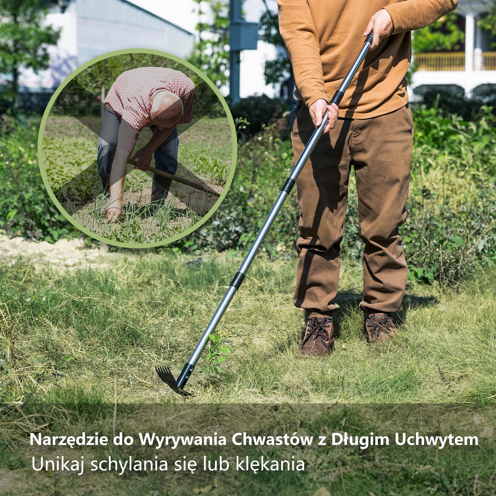 Mitclear Narzędzie do Usuwania Chwastów z Długim Uchwytem(148cm), Wyrywacz Chwastów, 2 w 1 Grabie i Motyka Ogrodowa, Ręczny Wyrywacz Chwastów do Usuwania Korzeni dla Ogrodu, Podwórka, Trawnika