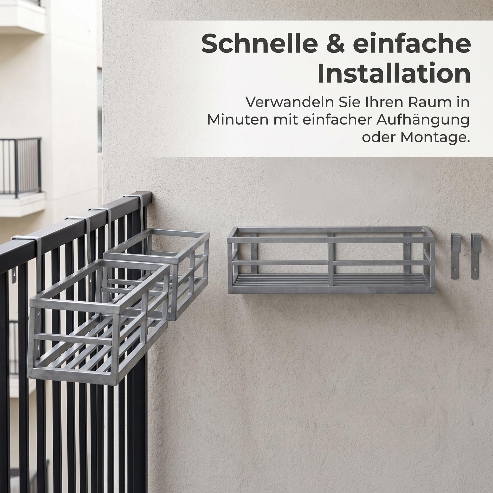 Blumenkastenhalterung für Balkon und Geländer, Robuste Balkonkasten Halterung aus Edelstahl, blumenkasten halterungen Balkon, 2 Haken, Edelstahl, zum Aufhängen, 90×30×16 cm