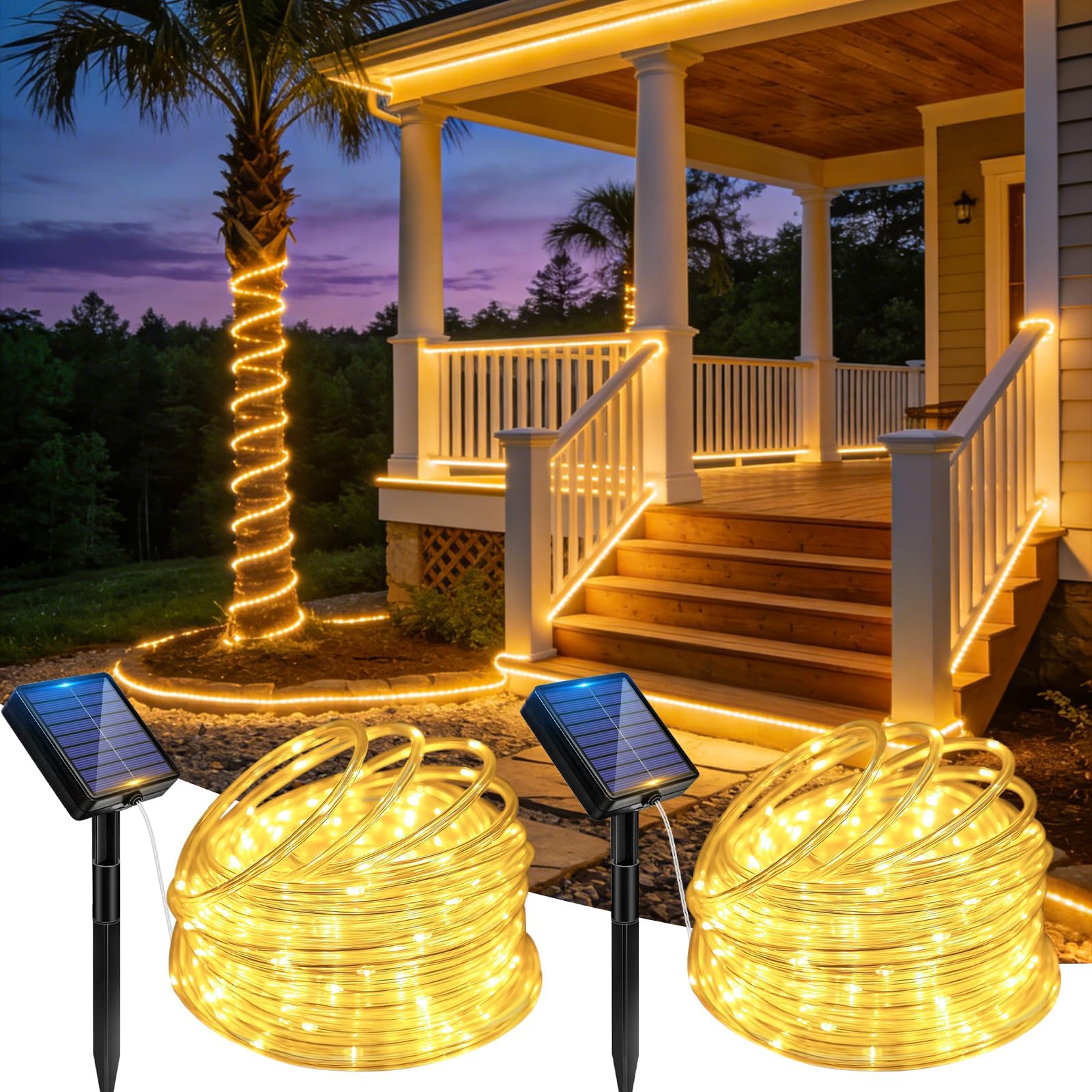 Solar-Lichterkette, 100 LEDs, IP65 wasserdicht, hell, langlebig, Solar-Lichterkette mit 8 Beleuchtungsmodi für Deck, Zaun, Terrasse, Garten, Urlaub, Baumdekoration, Warmweiß, 2 Stück