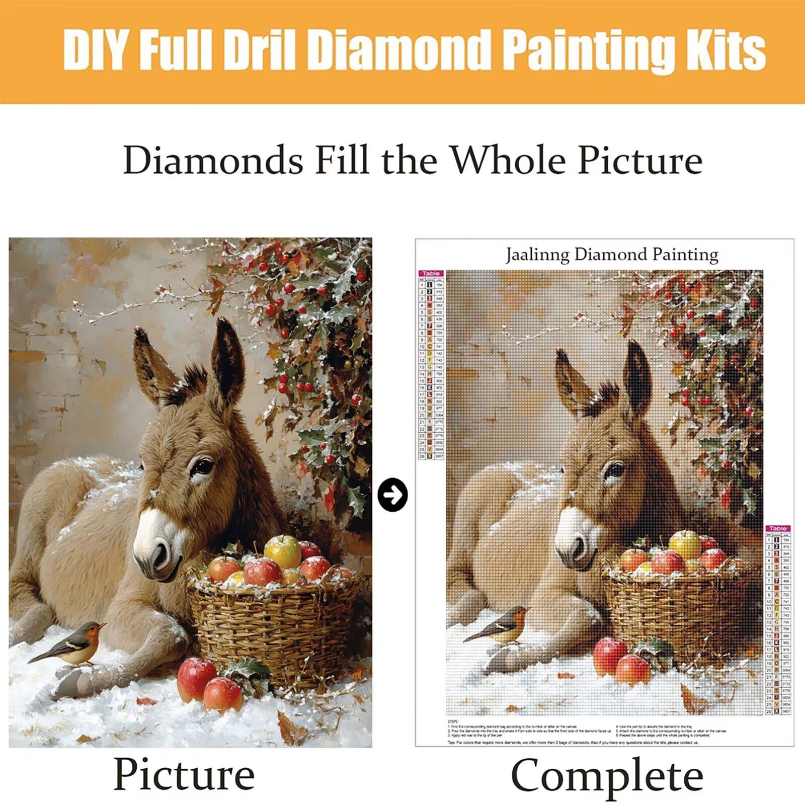 Diamond Painting Kit Completo, Diamond Painting Asino, 5D Quadrato Pittura Diamante Kit Manualidades Adultos DIY Diamantini Crystal Art Disegni Ricamo Punto Croce Artigianale, 60x90cm Frutta j0-873