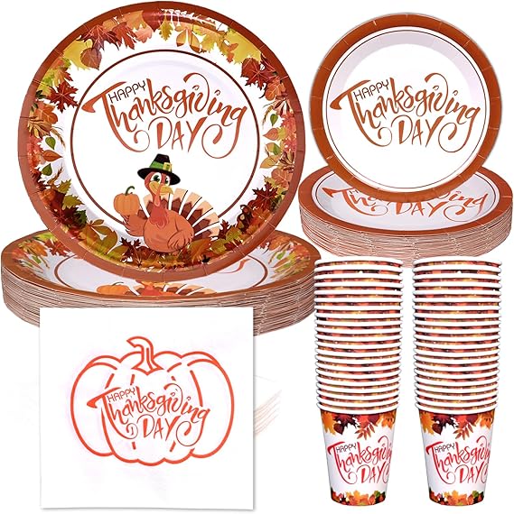 200PCS Thanksgiving Day Plates and Napkins Serve 50 Orange