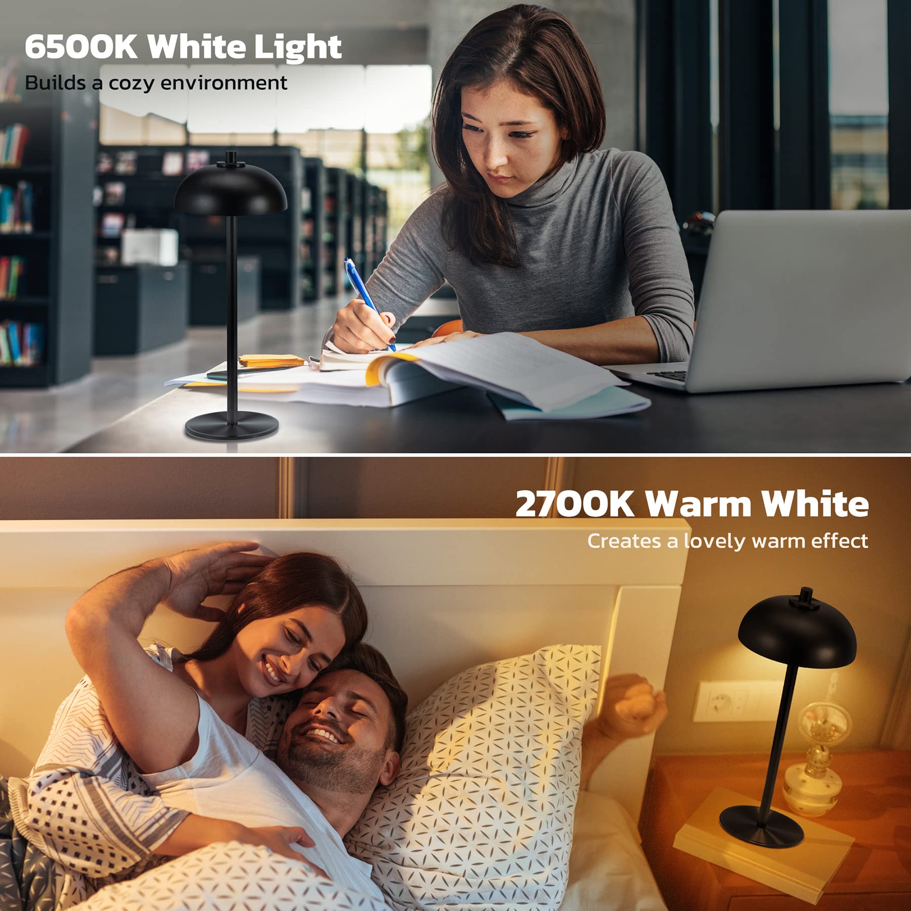 Lampada da tavolo senza fili ricaricabile, 5000 mAh, lampada da tavolo a LED dimmerabile in 3 colori, con funzione di memoria, per interni, esterni, cene, casa, ristorante, (nero)