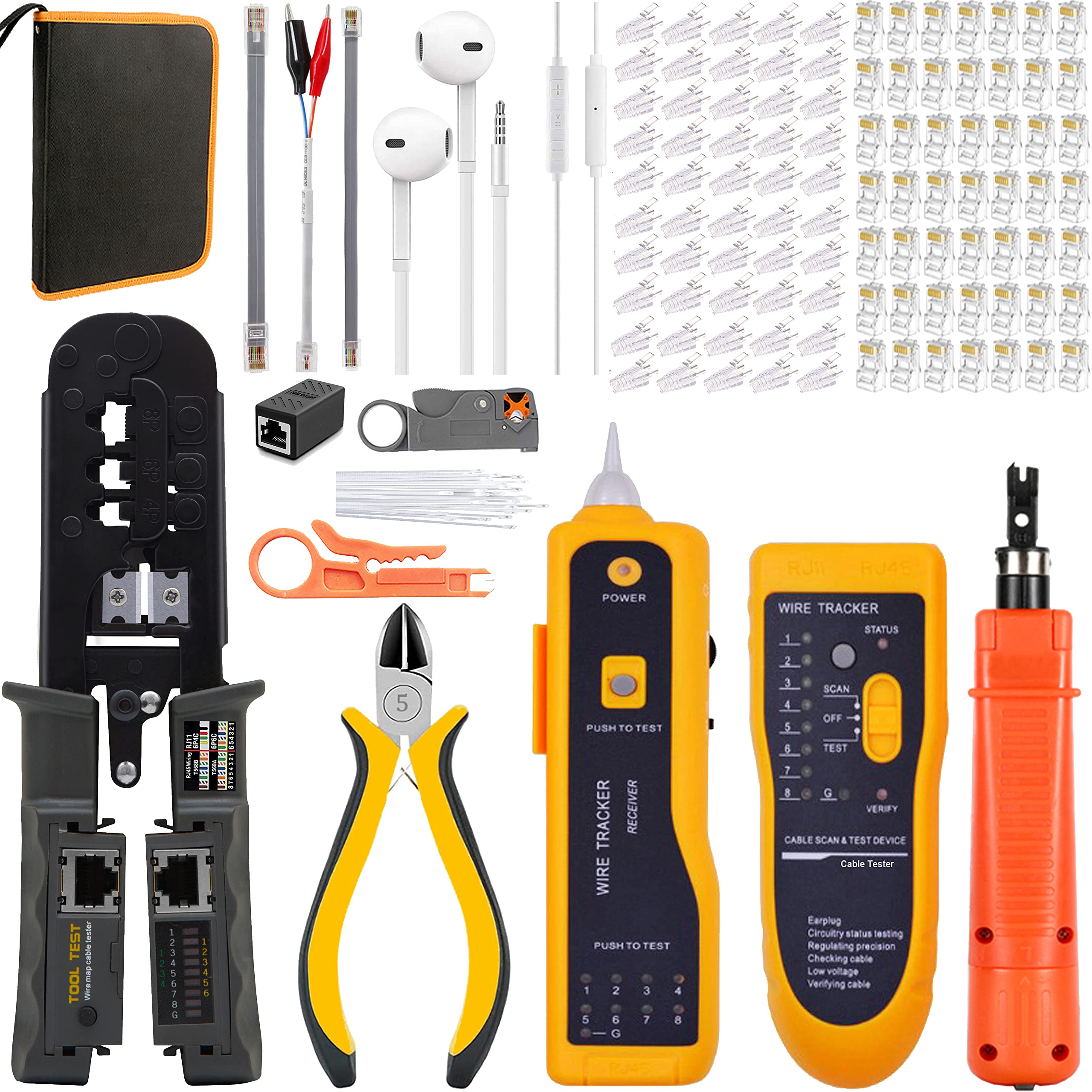 Leatbuy – Kit d'outils de sertissage CAT5/CAT6/RJ45 professionnel pour Ethernet, pince à dénuder, sertisseur, testeur de câble LAN (jaune)