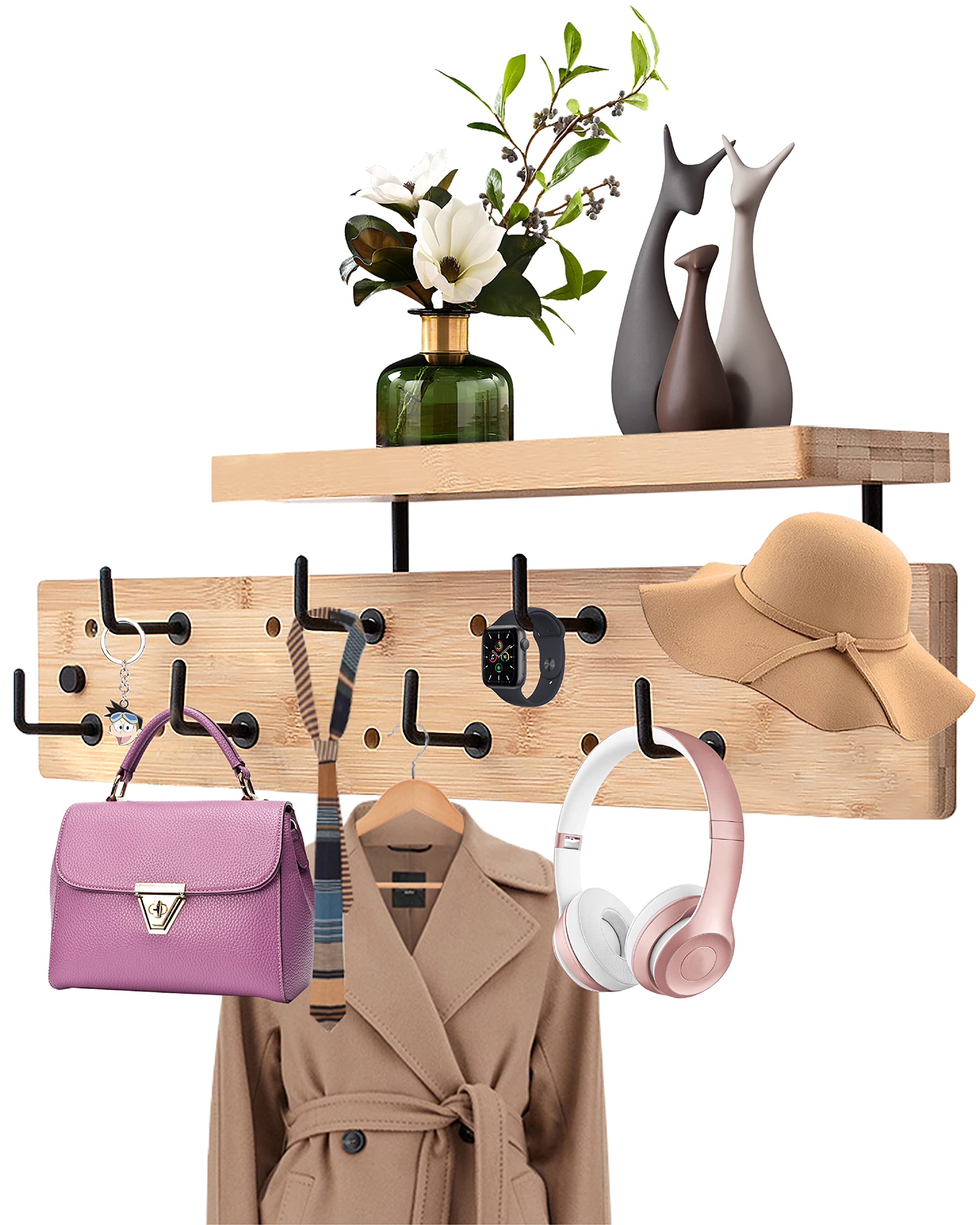 HSEOFBUTY Wall Mounted Coat Rack with 8 Hooks & Storage Shelf - Multi-Functional Coat Hanger with Upper Shelf for Bathroom, Entrance, Living Room, Bedroom - Practical Storage Solution