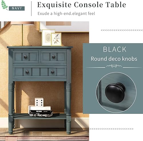 Miniatura 6 de Merax Mesa consola de madera clásica (azul marino para entrada, pasillo, aparador, con cajones de almacenamiento y estante inferior, tipo 7)