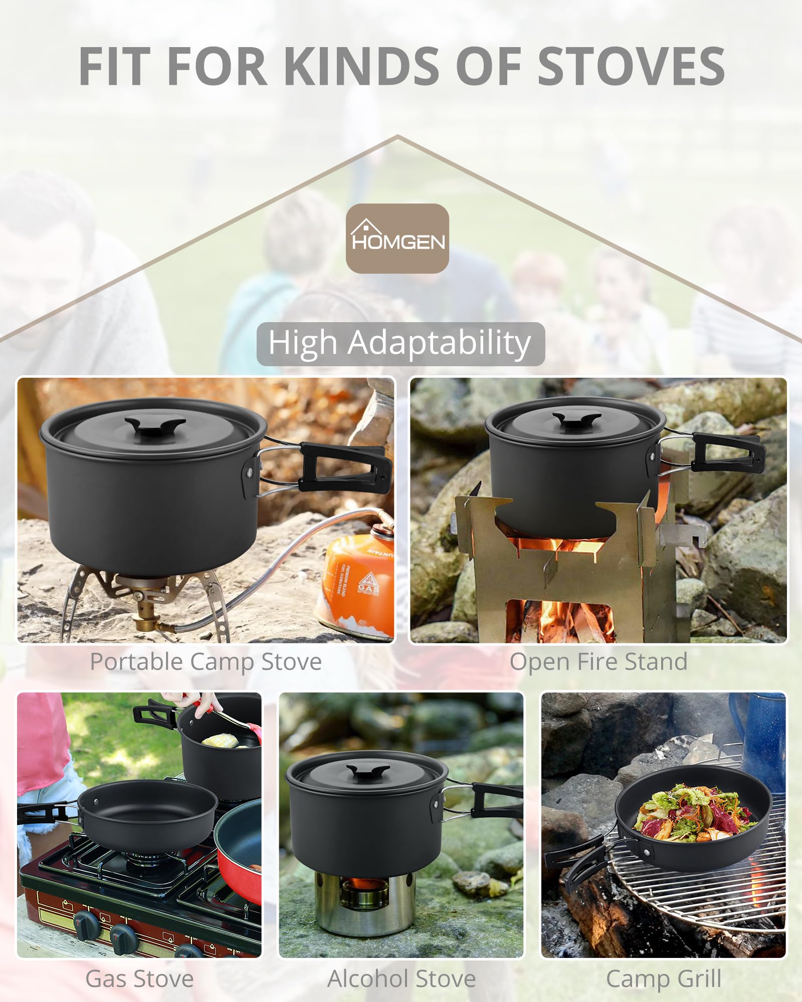 Utensilios de Cocina para Camping HOMGEN Juego de Ollas y Sartenes para Acampar Juego de Cocina de Aluminio para 1-2 Kit Camping con Cubiertos para Estufa de Gas para Camping, Picnic, Senderismo, etc.