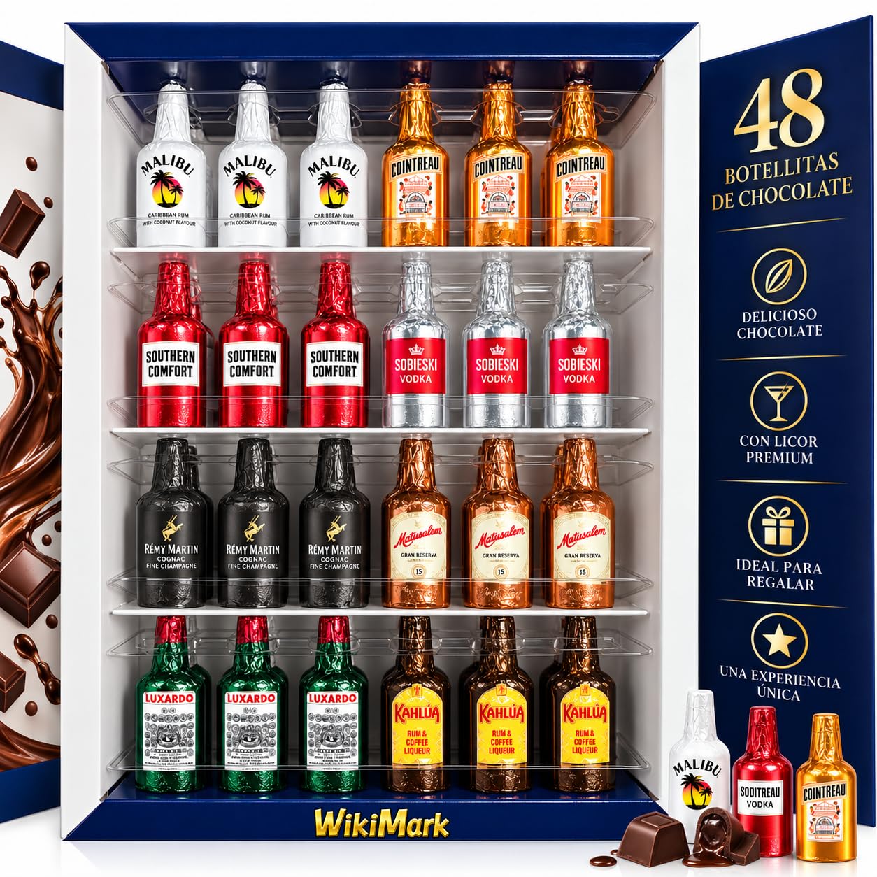 Bouteilles de chocolat remplies d'alcool – Nouvelle édition 2025 avec de nouvelles saveurs – Comprend une boîte à bouteilles WikiMark. 1 Kg - 64 Bouteilles.