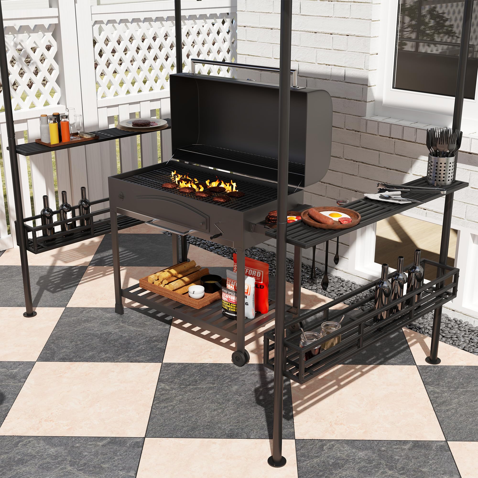 Outsunny Tonnelle de Barbecue Extérieur Abri 240x150x257cm Beige | Auvent de Réception Jardin, Crochet au Plafond, Étagères et PaniersLatéraux, Structure Métal Galvanisé