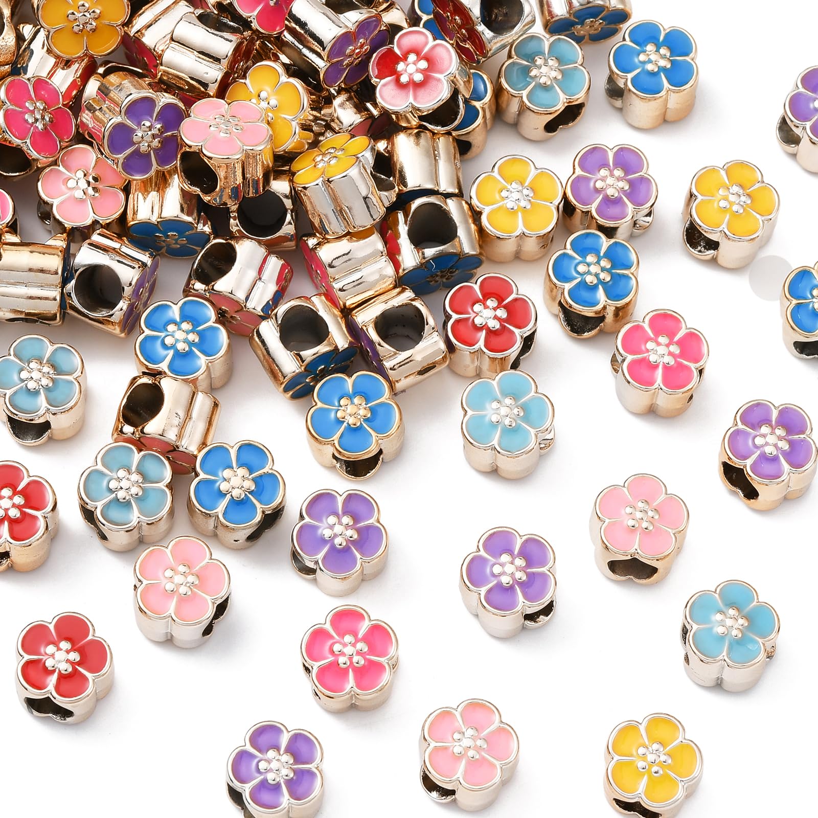 100 Pcs Random Color 5mm Hole Flower Beads UV Plating Acrylic European Beads with Enamel Large Hole Spacer Beads for DIY Bracelets Jewelry Making