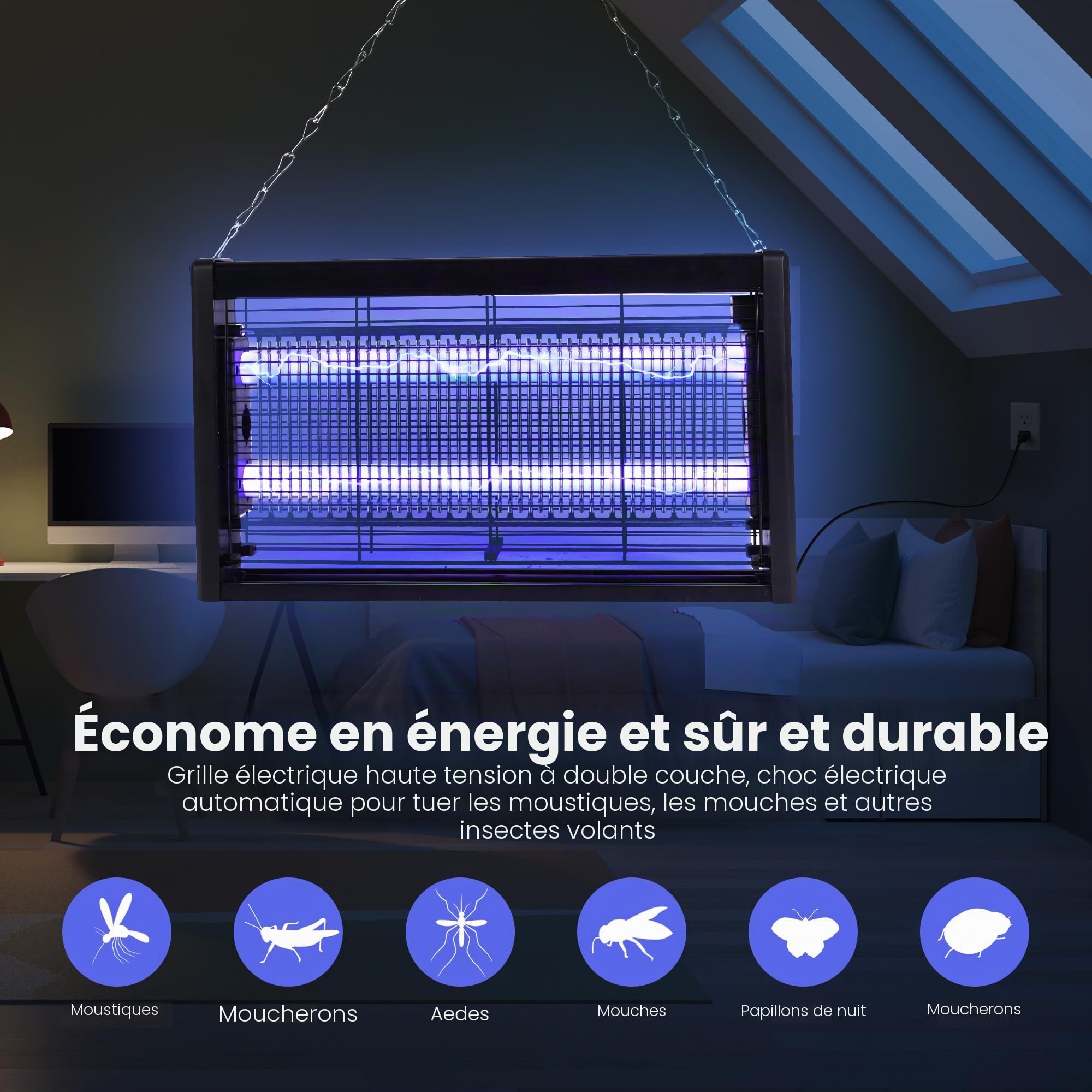 Lampe Anti Moustique, 20W, Anti-Insectes et Anti-Mouches électronique pour l'intérieur, Le Jardin, la Cour et Les Cuisines commerciales