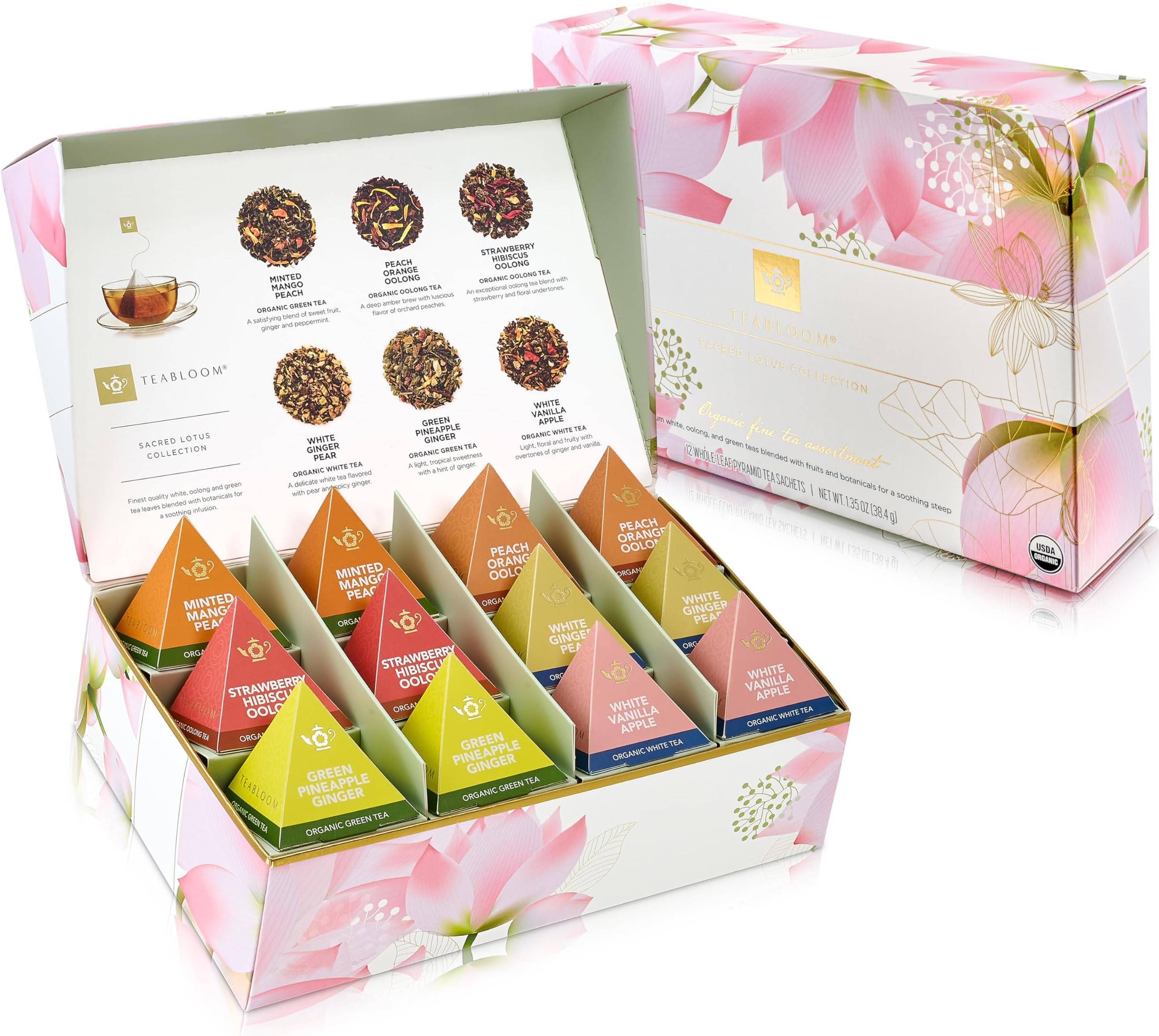 Organic Sacred Lotus Pyramid Tea Presentation Box, 12 Assorted USDA Certified Organic Whole-Leaf Pyramid Tea Sachets, Green Tea, Oolong tea, White tea