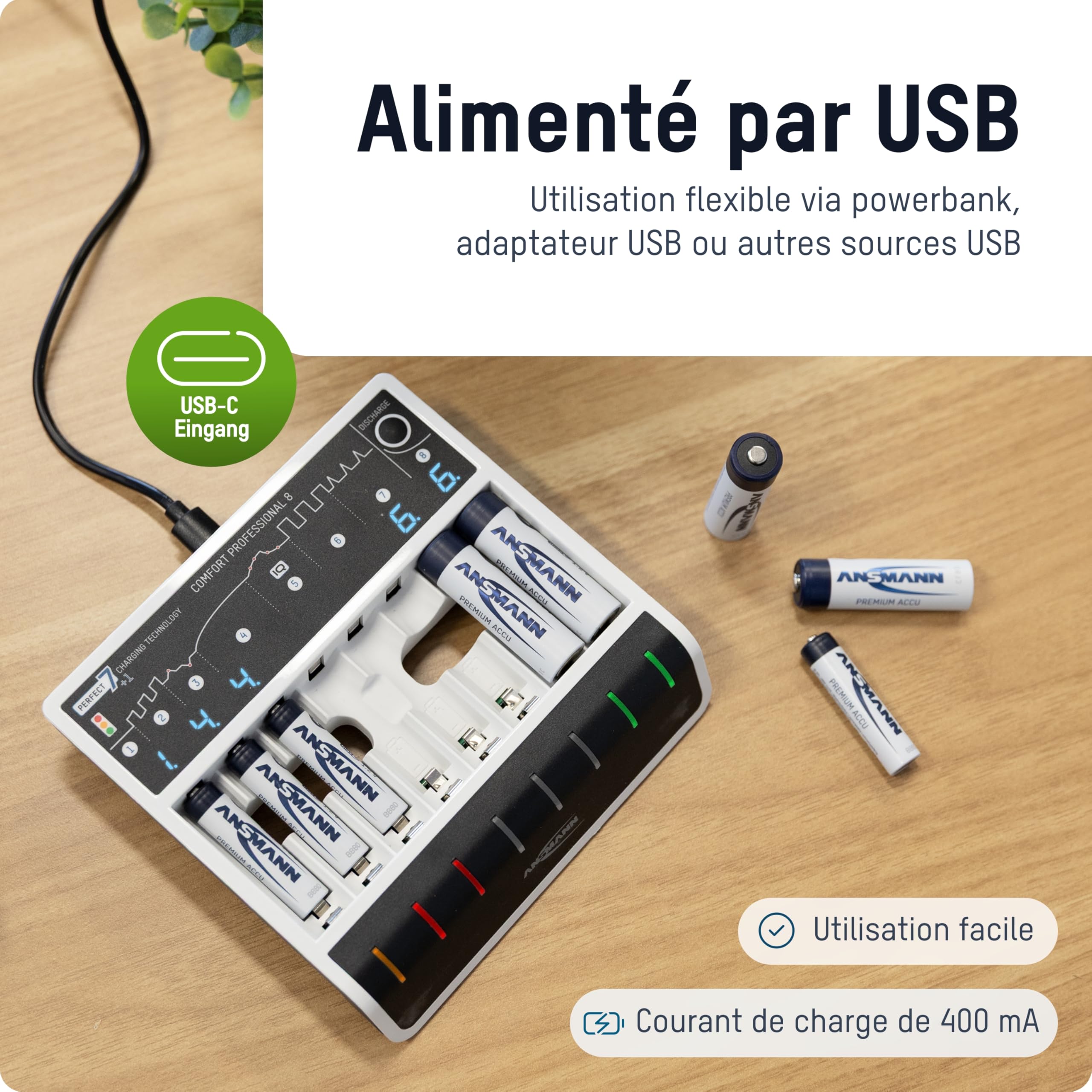 ANSMANN Chargeur Rapide avec Port USB pour 1 à 8 Batteries NiMH de Type Micro AAA et Mignon AA, Comfort Professional 8