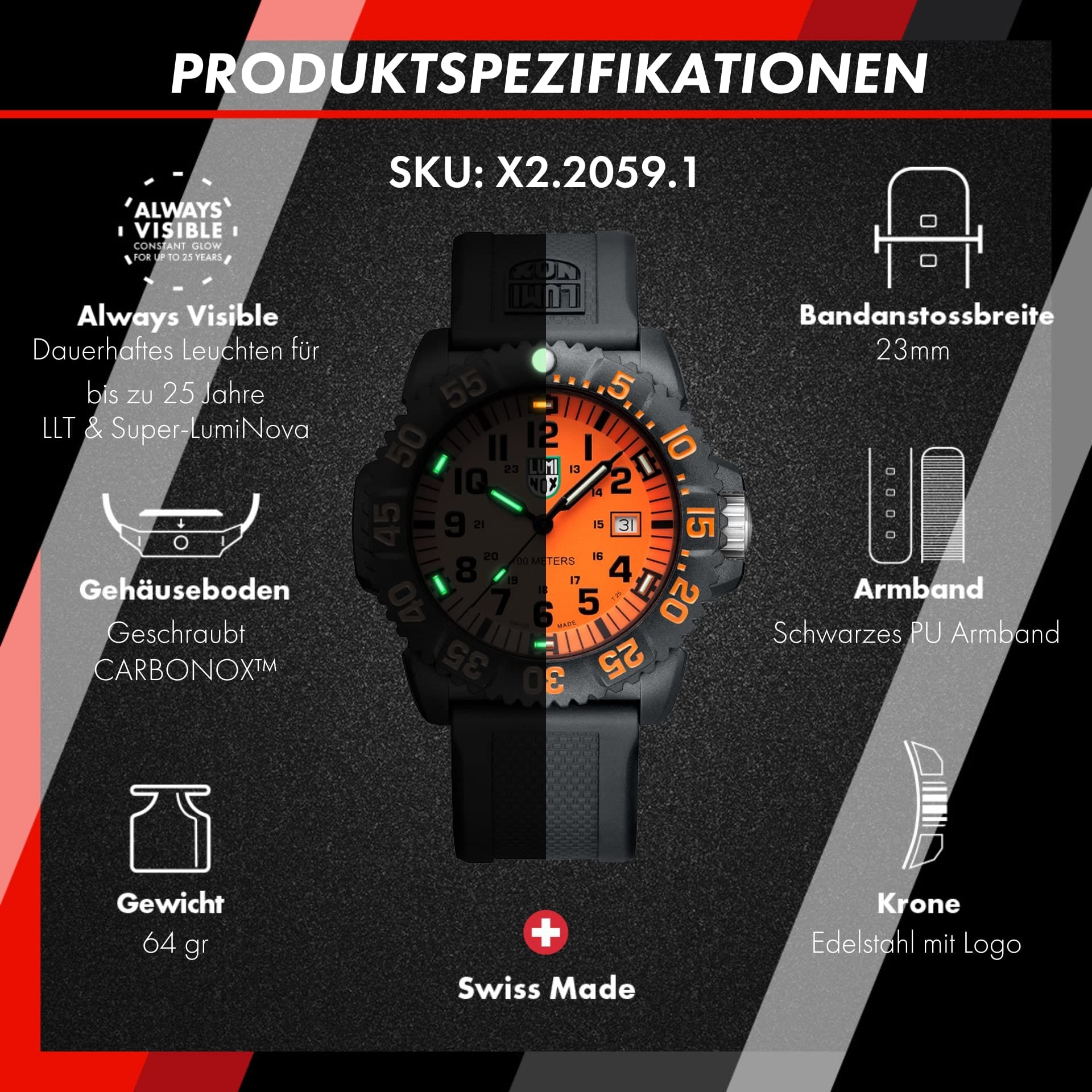 Luminox - G Kollektion Sea Lion Herrenuhr 44mm - Militäruhr in Schwarz mit Datumsanzeige 100m Wasserdicht - Mehrere Varianten - Hergestellt in der Schweiz - Herren Uhr - Hergestellt in der Schweiz