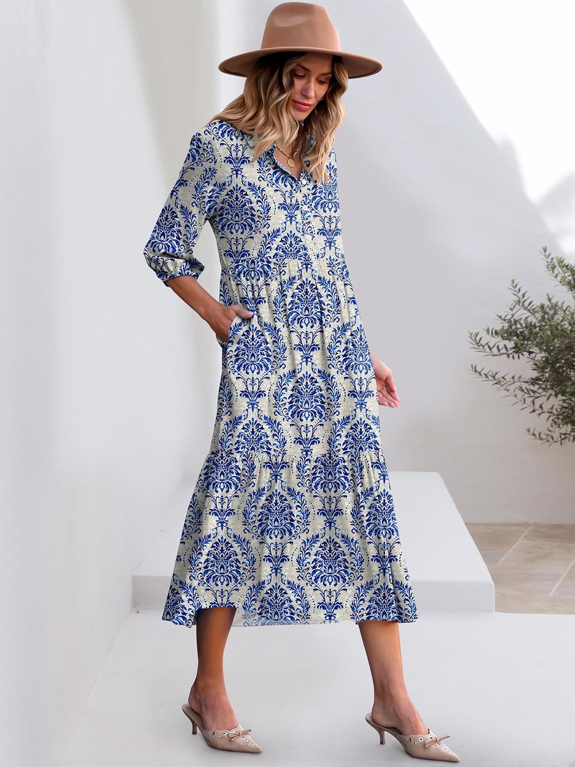 ANRABESS Women Summer Dress 2026 3/4 Puff Sleeve Polo V Neck Floral Print Casual Boho Shirt Maxi Dress Beach Vacation Clothes - Image 7