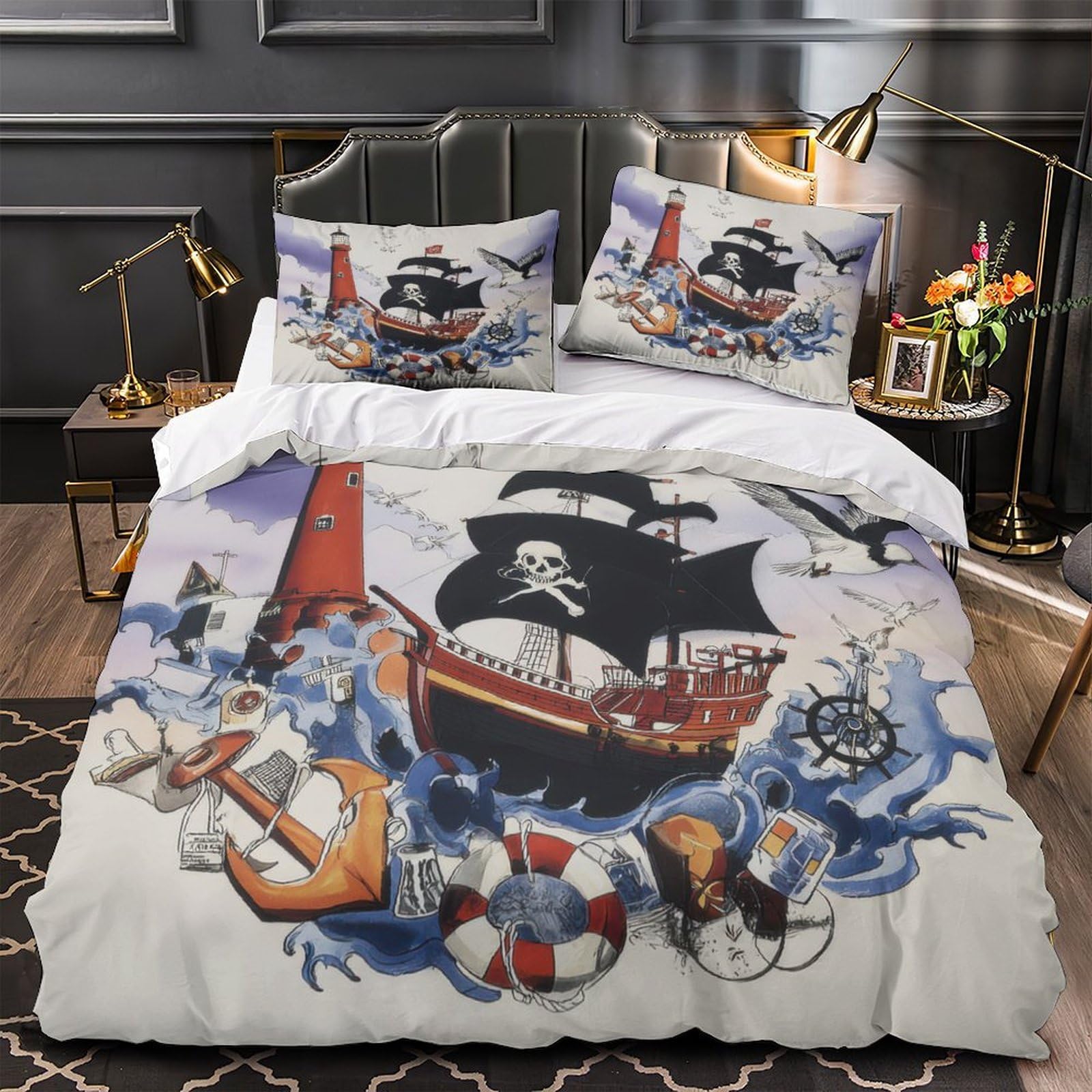 Housse de couette bateau pirate 3D pour la chambre d'un couple d'amoureux de l'océan